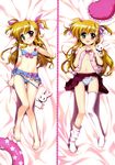  1girl bikini blonde_hair blush breasts fujima_takuya groin heterochromia lyrical_nanoha mahou_shoujo_lyrical_nanoha_vivid navel panties sacred_heart small_breasts solo striped_panties swimwear underwear vivio 