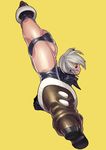 absurdres angel_(kof) ass chaps fengmo flexible highres jacket looking_at_viewer looking_back short_hair silver_eyes silver_hair simple_background snk solo split spread_legs standing standing_on_one_leg standing_split the_king_of_fighters trefoil upside-down yellow_background 