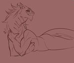  anthro looking_at_viewer lying male muscular nox_(artist) nude on_front red_theme sergal sketch smile solo 