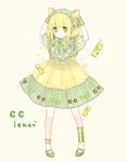  &gt;:) ankle_cuffs ankle_wrap anklet arms_up beige_background blonde_hair blush body_blush c.c._lemon c.c._lemon_(character) can dot_nose dress drink eyebrows_visible_through_hair eyelashes food frills fruit full_body gradient_hair green_eyes green_footwear green_hair green_ribbon head_scarf heart holding holding_food holding_fruit jewelry lemon looking_at_viewer mary_janes multicolored_hair navel neck_ribbon panties plant polka_dot polka_dot_ribbon puffy_short_sleeves puffy_sleeves ribbon see-through shoes short_hair short_sleeves simple_background smile solo standing striped striped_dress striped_panties tareme tenhana39 two-tone_hair underwear v-shaped_eyebrows vertical-striped_dress vertical_stripes wristband 