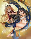  :d alle_gro arm_warmers bangs barefoot black_hair breasts c: cloak closed_mouth commentary_request crossed_legs ereshkigal_(fate/grand_order) eyebrows_visible_through_hair fate/grand_order fate_(series) floating_hair ishtar_(fate/grand_order) long_hair long_legs looking_at_viewer medium_breasts mismatched_legwear multiple_girls navel open_mouth parted_bangs red_eyes revealing_clothes sitting small_breasts smile thighs tiara two_side_up v wavy_hair 
