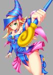  1girl artist_request bare_shoulders blonde_hair blush blush_stickers boots breasts choker cleavage dark_magician_girl duel_monster female green_eyes hat large_breasts long_hair magical_girl smile solo staff wizard_hat yu-gi-oh! yuu-gi-ou_duel_monsters 