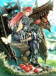  apple armor armored_boots ass axe backless_outfit battle_axe boots breastplate bug butterfly company_connection copyright_name daigoman dragon fire_emblem fire_emblem:_kakusei fire_emblem_cipher food fruit garter_straps gauntlets high_heel_boots high_heels holding insect long_hair looking_at_viewer looking_back minerva_(fire_emblem:_kakusei) official_art outdoors pauldrons pink_hair red_eyes serge_(fire_emblem) sharp_teeth sitting smile teeth thigh_boots thighhighs weapon wyvern zettai_ryouiki 