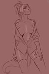  anthro breasts clothed clothing female lizard looking_at_viewer nox_(artist) open_shirt red_theme reptile scalie solo standing 