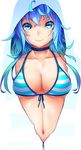  aqua_hair bikini bikini_top blue_bikini blue_eyes blue_hair breasts choker cleavage collarbone commentary_request front-tie_bikini front-tie_top gradient_hair haiiro_gundan halter_top halterneck highres hood hoodie large_breasts long_hair looking_at_viewer multicolored_hair navel original smile solo striped striped_bikini swimsuit white_background zipper 