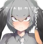  &gt;:( bird_wings black_hair blush brown_eyes closed_mouth collared_shirt commentary dyson_(edaokunnsaikouya) eyebrows_visible_through_hair frown grey_hair grey_shirt head_wings kemono_friends looking_at_viewer multicolored_hair necktie orange_hair shirt shoebill_(kemono_friends) side_ponytail solo staring sweat upper_body v-shaped_eyebrows white_neckwear wings 