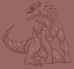  anthro balls dragon horn humanoid_penis male muscular nipples nox_(artist) nude penis red_theme scar solo 