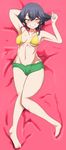  1girl bed bikini blush breasts brown_hair girls_und_panzer groin large_breasts navel pepperoni_(girls_und_panzer) shorts smile solo yellow_eyes 