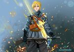  1boy battlefield_(series) battlefield_1 blonde_hair blue_eyes chauchat crossover french french_uniform iis_ne_passeront_pas jaune_arc looking_at_viewer military military_uniform poster rwby scarf soldier thatawkwardonion weapon world_war_i world_war_one wwi 