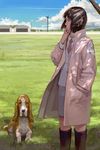  absurdres airport animal bad_id bad_pixiv_id blurry boots cigarette cloud condensation_trail dappled_sunlight day depth_of_field dog grass grey_eyes hand_in_pocket hangar highres knee_boots kusanagi_suito necktie outdoors profile shade short_hair sketch skirt sky smoking solo sunlight the_sky_crawlers tomiya_(tomiya2117) trench_coat vest wind 