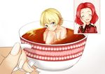  bangs blonde_hair blue_eyes braid closed_eyes closed_mouth commentary cup darjeeling darjeeling_tea girls_und_panzer hand_on_own_face in_container in_cup jacket long_sleeves looking_at_viewer minigirl multiple_girls nude object_namesake open_mouth red_hair red_jacket rosehip short_hair simple_background sitting smile st._gloriana's_military_uniform tea teacup tianwangsi_zongyi tied_hair twin_braids white_background 