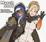  ana_(overwatch) blonde_hair closed_eyes commentary dark_skin english eyepatch facial_tattoo high_ponytail highres hood looking_at_viewer mechanical_halo mechanical_wings mercy_(overwatch) multiple_girls overwatch smile splashbrush spread_wings tattoo wings yellow_wings 
