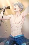  artist_name closed_eyes clothes_around_waist gearous male_focus microphone microphone_stand open_mouth shirtless silver_hair smile toned toned_male viktor_nikiforov yuri!!!_on_ice 