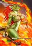  alanscampos anthro clothed clothing dragon eyelashes female fire hair holding_weapons horn pink_eyes red_hair smile solo standing teeth wide_hips 