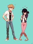  1girl ? adrien_agreste black_hair blonde_hair blush ceejles clueless denim fingers_together flats green_eyes hair_tie hands_on_hips heart highres jeans knees_together_feet_apart marinette_dupain-cheng miraculous_ladybug pants shoes signature smile sneakers twintails 