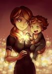  1girl absurdres adrien_agreste baby bib black_dress brown_hair carrying ceejles child_carry dress earrings fireworks green_eyes highres jewelry miraculous_ladybug mother_and_son mrs._agreste open_mouth ponytail senkou_hanabi signature smile sparkler stud_earrings younger 