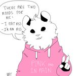  anthro black_eyes clothing dialogue drawdroid english_text fingerless_gloves gloves hoodie ian_(drawdroid) male mammal marsupial open_mouth opossum smile solo speech_bubble spot_color text 