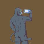  2017 alexyorim anthro april_fools butt cat english_text fan_character feline janus looking_at_viewer male mammal muscular muscular_male nude phone raised_arm raised_tail rear_view smile solo text whiskers yellow_eyes 