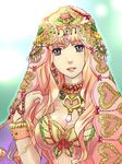  blonde_hair blue_eyes bracelet breasts cleavage jewelry long_hair looking_at_viewer macross macross_frontier miruhito_(sakiomiruhito) multicolored_hair necklace sheryl_nome two-tone_hair veil 