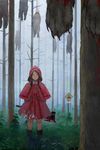  absurdres arms_behind_back axe bad_id bad_pixiv_id bare_tree big_bad_wolf_(grimm) black_eyes black_hair blood blood_drip blood_stain bloody_clothes blurry blush boots capelet claws death depth_of_field dress fog forest freckles grass hanged highres hood little_red_riding_hood little_red_riding_hood_(grimm) looking_at_viewer nature noose red_capelet sidelocks sign sketch tomiya_(tomiya2117) tree warning_sign weapon white_dress 