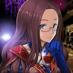  black-framed_eyewear blue_eyes blue_gloves brown_hair choker collarbone cup drinking_glass elbow_gloves eyebrows_visible_through_hair fate/grand_order fate_(series) glasses gloves holding holding_cup leonardo_da_vinci_(fate/grand_order) long_hair smile solo tsuyadashi_shuuji upper_body 
