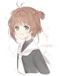  ahoge antenna_hair bad_id bad_pixiv_id blush brown_hair cardcaptor_sakura green_eyes kinomoto_sakura looking_at_viewer marin_(myuy_3) open_mouth school_uniform short_hair smile solo tomoeda_elementary_school_uniform white_background 