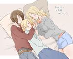  3girls bed blonde_hair blush brown_hair darjeeling girls_und_panzer kay_(girls_und_panzer) multiple_girls nishizumi_maho sleeping yuhi yuri 