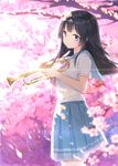  absurdres bangs black_hair blue_skirt blurry blurry_background blush cherry_blossoms closed_mouth commentary cowboy_shot dappled_sunlight depth_of_field eyebrows_visible_through_hair fanqie_jidan from_side hibike!_euphonium highres holding holding_instrument instrument kousaka_reina long_hair looking_at_viewer looking_to_the_side medium_skirt neckerchief petals pink_neckwear pleated_skirt purple_eyes revision school_uniform shirt short_sleeves skirt smile solo spring_(season) standing sunlight tree trumpet white_shirt 