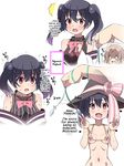  2girls black_hair blonde_hair blush breasts groin hard_translated hypnosis joutarou micro_bikini mind_control navel pendulum red_eyes saliva small_breasts sweat translated twintails urara_meirochou v white_background witch_hat yukimi_koume yuri 