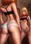 ass back bandeau bangs bare_back blunt_bangs bob_cut breasts brown_eyes butt_crack closed_mouth from_behind from_below highres indoors jungon_kim legs_apart light_frown looking_away looking_to_the_side medium_breasts medium_hair midorikawa_hana mirror navel orange_hair panties photo-referenced prison_school reflection solo standing underboob underwear underwear_only white_panties 