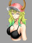  animal_humanoid big_breasts bikini blonde_hair breasts cleavage clothed clothing dragon dragon_humanoid female green_hair grey_background hair half-length_portrait hat horn humanoid miss_kobayashi&#039;s_dragon_maid one_eye_closed portrait quetzalcoatl_(dragon_maid) simple_background slit_pupils solo swimsuit 大触z君 