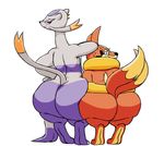 2017 ambiguous_gender anthromaster big_butt brown_fur butt claws duo floatzel fur grey_fur half-closed_eyes huge_butt looking_at_viewer looking_back mienshao multi_tail nintendo pok&eacute;mon purple_fur raised_tail rear_view red_eyes simple_background smile sweat toe_claws video_games white_background yellow_fur 