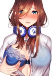  1girl blue_bra blue_eyes blush bra breast_lift breasts brown_hair closed_mouth collared_shirt erect_nipples eyebrows_visible_through_hair gem go-toubun_no_hanayome headphones headphones_around_neck highres kaneko_(mikaai) large_breasts long_hair long_sleeves looking_at_viewer nakano_miku nose_blush one_breast_out open_clothes open_shirt see-through shirt simple_background solo unbuttoned unbuttoned_shirt underwear white_background white_shirt 