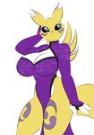  2017 anthro big_breasts black_sclera blue_eyes breasts canine cleavage clothed clothing digimon dress female fox fur huge_breasts mammal renamon simple_background slit_pupils solo white_background white_fur xehta13 yellow_fur 