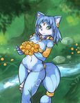  anthro barefoot black_fur black_nose blue_hair canine damn_lasso_tool detailed_background female flower forest fox fur grass green_eyes hair hair_ornament hi_res jewelry krystal mammal markings navel necklace nintendo outside plant short_hair smile solo star_fox tailband tree tribal video_games water white_fur 