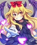  bajel blonde_hair blush bow brave_dungeon dated eyebrows_visible_through_hair gloves hair_bow heart horns iroyopon long_hair looking_at_viewer majin_shoujo open_mouth orange_eyes red_bow signature smile solo white_gloves wings 