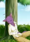  2013 anthro book cat cloud eyes_closed feline fur grass male mammal morenatsu purple_fur shin_(morenatsu) sitting sky sleeping smile solo tree 小粒あずき 