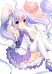  animal_ears balloon bangs blue_bow blue_ribbon blush bow center_frills dress fake_animal_ears gochuumon_wa_usagi_desu_ka? hair_ornament hairclip kafuu_chino long_hair looking_at_viewer open_mouth ribbon shibainu_niki solo thighhighs twintails white_legwear 