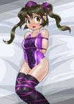  bdsm black_legwear blush bondage bound brown_eyes brown_hair checkered checkered_swimsuit competition_swimsuit hat himekaidou_hatate looking_at_viewer lying one-piece_swimsuit open_mouth purple_ribbon purple_swimsuit ribbon solo swimsuit tears thighhighs tokin_hat touhou twintails winn 