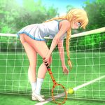  ass ball bare_arms bare_shoulders blonde_hair blue_eyes blue_sky blush braid breast_press breasts day dress everlasting_summer full_body grass highres huyase large_breasts leaning_forward light_rays long_hair looking_away looking_down no_panties outdoors parted_lips racket reaching shoes short_dress sky slavya-chan socks solo sparkle sunbeam sunlight sweat tennis_ball tennis_net tennis_racket thighs tree twin_braids white_dress white_legwear 