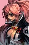  baiken breasts cleavage eyepatch guilty_gear guilty_gear_xrd hankuri japanese_clothes kimono large_breasts long_hair one-eyed open_clothes open_kimono pink_eyes pink_hair ponytail samurai scar scar_across_eye simple_background solo tattoo 