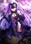  ahoge armor armored_boots bangs black_gloves black_legwear boots breasts cleavage cloud cloudy_sky elbow_gloves eyebrows_visible_through_hair fate/grand_order fate_(series) fur-trimmed_boots fur-trimmed_gloves fur-trimmed_legwear fur_trim gloves hand_up headpiece jeanne_d'arc_(alter)_(fate) jeanne_d'arc_(fate)_(all) kneeling long_hair looking_at_viewer medium_breasts one_knee outdoors parted_lips purple_sky silver_hair sky smile solo thigh_boots thighhighs toshi_(1-147) vambraces very_long_hair yellow_eyes 