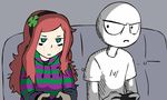  &gt;:( /v/ 1boy 1girl 4chan animated animated_gif bags_under_eyes clover eyebrows female four-leaf_clover freckles frown gamer green_eyes hairband light_frown long_hair looking_at_viewer red_hair shirt sitting striped striped_hoodie sweater t-shirt vivian_james 