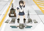  ammunition black_hair blue_skirt brown_eyes commentary_request from_above hair_between_eyes hand_on_hip kantai_collection knolling kozou_(rifa) looking_at_viewer looking_up machinery midriff miyuki_(kantai_collection) open_mouth school_uniform serafuku short_hair short_sleeves skirt smile smokestack solo standing teeth torpedo turret v 