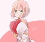  1girl aqua_eyes blush dress estellise_sidos_heurassein gloves heart pink_background pink_hair short_hair tales_of_(series) tales_of_vesperia 