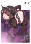  absurdres anchor_symbol antenna_hair artist_name ass bangs bent_over between_breasts blunt_bangs blush boots breasts brown_hair brown_legwear checkered checkered_floor clothes_writing covered_nipples crotch_seam from_above full_body green_eyes grey_footwear hairband hand_between_breasts hatsuzuki_(kantai_collection) high_heel_boots high_heels highres kantai_collection knee_boots legs_apart looking_at_viewer looking_up midriff miniskirt panties panties_under_pantyhose pantyhose pantyhose_pull pleated_skirt pulled_by_self reflection scan shirt short_hair skirt skirt_lift solo standing taut_clothes taut_shirt thighband_pantyhose thong underwear undressing white_panties yuuji_(and) 