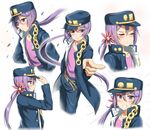  &gt;:) akebono_(kantai_collection) blue_coat blue_hat blue_pants closed_eyes collarbone cosplay flower frown grin hair_flower hair_ornament hat jojo_no_kimyou_na_bouken kantai_collection kuujou_joutarou kuujou_joutarou_(cosplay) long_hair long_sleeves multiple_views nedia_(nedia_region) pants pointing purple_eyes purple_hair smile v-shaped_eyebrows very_long_hair white_background 