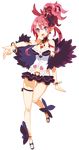  :d absurdres bracelet breasts cleavage crown disgaea feather_boa full_body harada_takehito highres jewelry large_breasts makai_senki_disgaea_5 miniskirt necktie official_art open_mouth pink_hair pointy_ears ponytail purple_eyes sandals seraphina_(disgaea) shoes short_hair skirt smile solo standing standing_on_one_leg transparent_background 