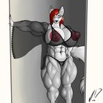  2017 anthro areola biceps big_breasts big_nipples breasts canine clothing doorway female gown hair invalid_tag lingerie looking_at_viewer mammal morbo22_(artist) muscular muscular_female navel nipples panties pussy red_hair smile solo translucent underwear wolf 