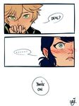  1girl adrien_agreste blonde_hair blue_eyes blue_hair blush ceejles comic english frown green_eyes highres holding_hand lips marinette_dupain-cheng miraculous_ladybug signature smile twintails 